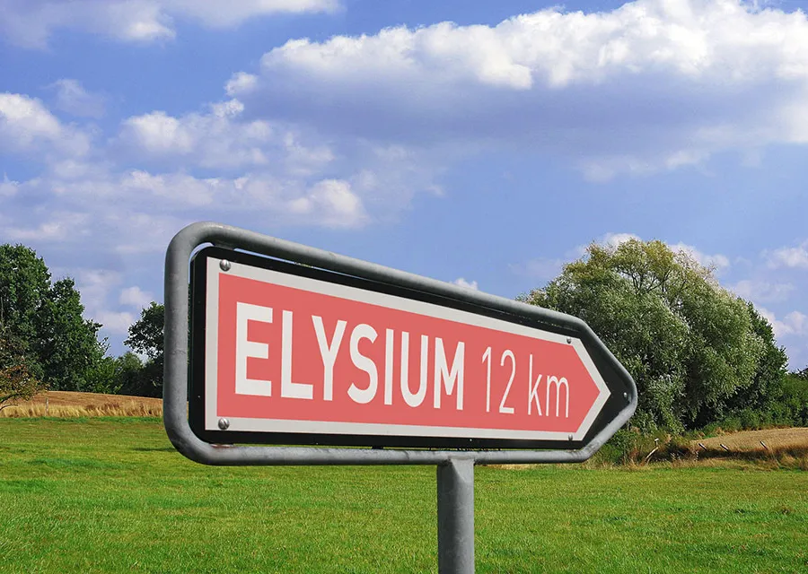 Wegweiser in grüner Landschaft und blauem Himmel. Der Text "Elysium 12 km" verweist symbolisch auf das Beethoven-Haus.
