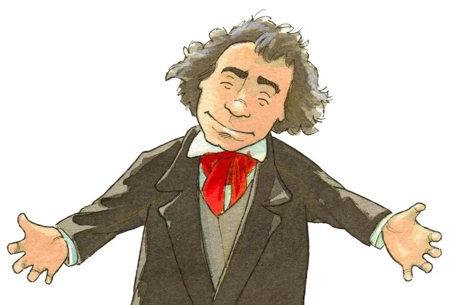 Der für "Hallo Beethoven" gezeichnete Beethoven mit rotem Schal breitet als Willkommensgeste die Arme aus.